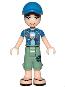 Friends Zack - Sand Green Cropped Trousers, Blue Shirt over Medium Blue T-Shirt, Blue Cap with Hole