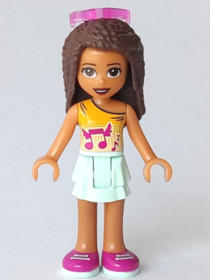 Friends Andrea - Light Aqua Layered Skirt, Bright Light Orange Top with Winged Music Notes, Sunglass