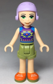 Friends Mia - Olive Green Shorts, Dark Purple Top with Diamonds and Triangles, Lavender Ski Helmet w