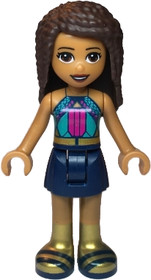 Friends Andrea - Dark Turquoise Halter Top with Magenta Stripes and Dots, Dark Blue Skirt, Gold Boot