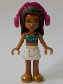 Friends Andrea - White Skirt, Dark Blue Halter Top with Gold Trim, Headphones