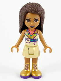 Friends Andrea - Tan Skirt, Coral, Lime and Medium Azure Top, Gold Boots