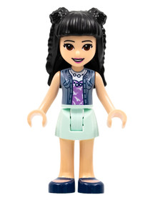 Friends Emma, Aqua Skirt, Sand Blue Vest, Black Hair with Braid Buns and Flower