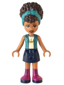 Friends Andrea, Dark Turquoise Jacket over White Top with Crown, Dark Blue Skirt with Magenta Boots,