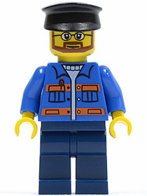 Blue Jacket with Pockets and Orange Stripes, Dark Blue Legs, Black Hat
