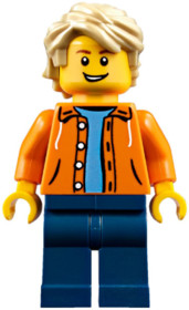 Orange Jacket with Hood over Light Blue Sweater, Dark Blue Legs, Tan Tousled Hair, Open Lopsided Gri