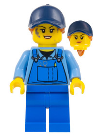 Mechanic - Female, Medium Blue Shirt and Blue Overalls, Blue Legs, Dark Blue Cap with Dark Orange Po