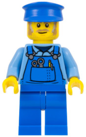 Mechanic - Male, Blue Overalls over Medium Blue Shirt, Blue Legs, Blue Police Hat, Dark Tan Moustach