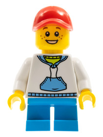 Child Boy with White Hoodie with Blue Pockets, Dark Azure Short Legs, Red Short Bill Cap