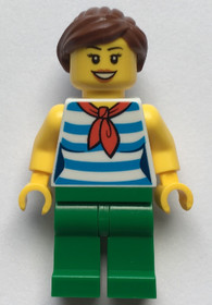 Female with Reddish Brown Ponytail and Swept Sideways Fringe Hair, Red Scarf, Blue Striped Shirt and