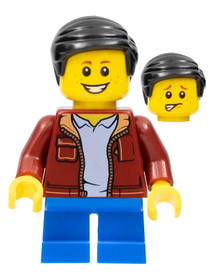 Child Boy, Dark Red Jacket with Bright Light Blue Shirt, Blue Short Legs, Dark Brown Smooth Hair