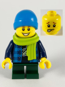 Child Boy, Dark Azure Beanie, Lime Scarf, Banana Shirt, Dark Green Legs