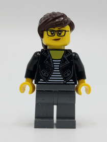 Female with Striped Black and White Shirt, Black Jacket, Dark Bluish Gray Legs, Dark Brown Hair