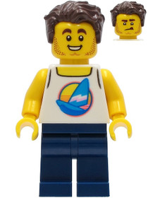 Surfer - Male, White Tank Top with Dark Azure Windsurf, Dark Blue Legs, Dark Brown Hair