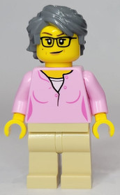 Woman, Bright Pink Shirt, Tan Legs, Dark Bluish Gray Swept Back Tousled Hair