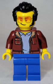 Man, Dark Red Jacket with Bright Light Blue Shirt, Blue Legs, Black Widow's Peak Hair